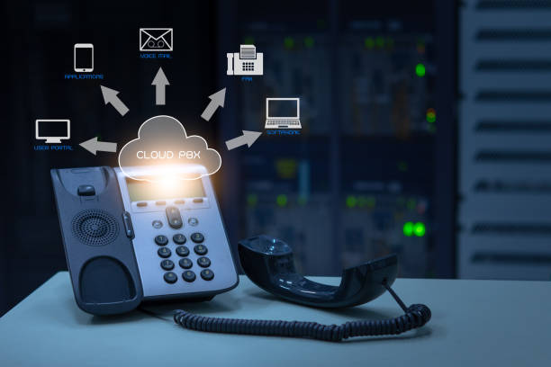 IP Telephony cloud pbx concept, telephone device with illustration icon of voip services and networking data center on background